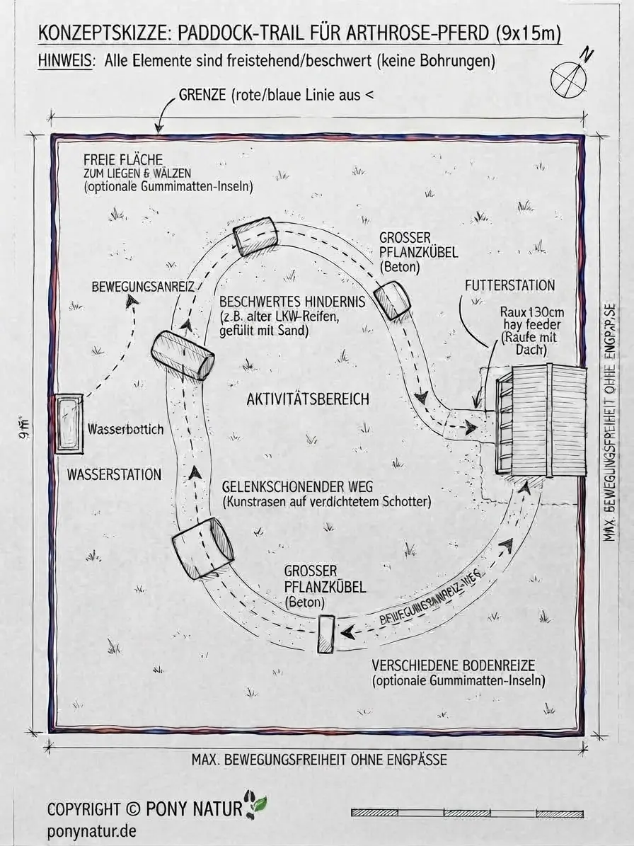 Konzeptskizze Paddock-Trail für Arthrose-Pferd auf 9x15 Metern – alle Elemente freistehend und beschwert
